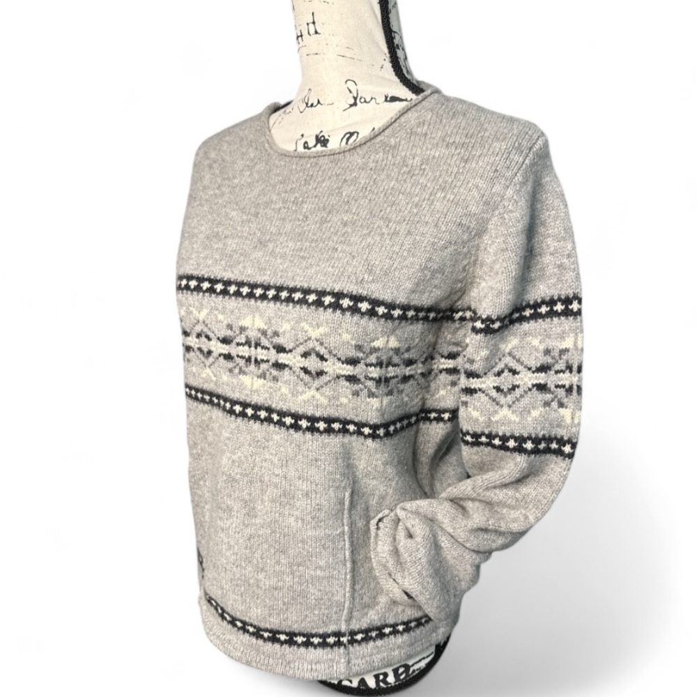 VTG Eddie Bauer Lambswool Sweater M Gray Black Fair Isle Nordic Fisherman Knit